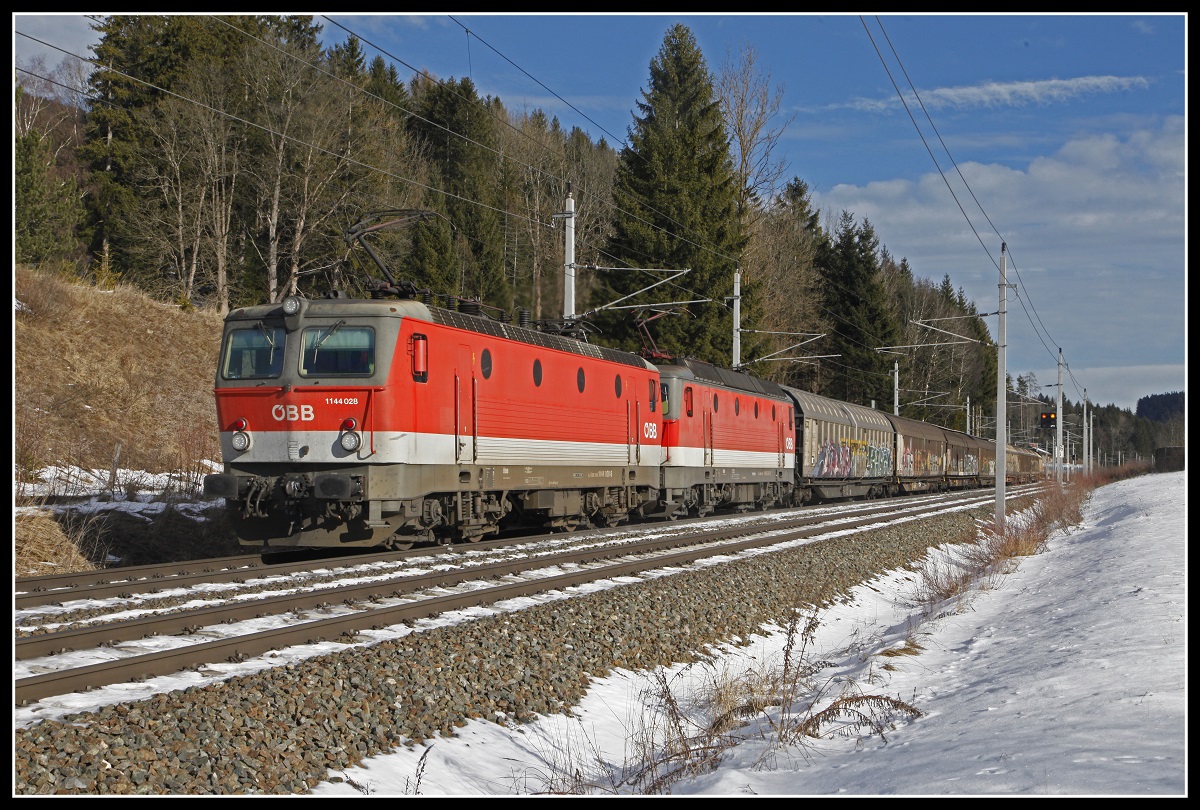 1144 028 + 1144 256 mit Güterzug bei Steinhaus am 7.01.2020.