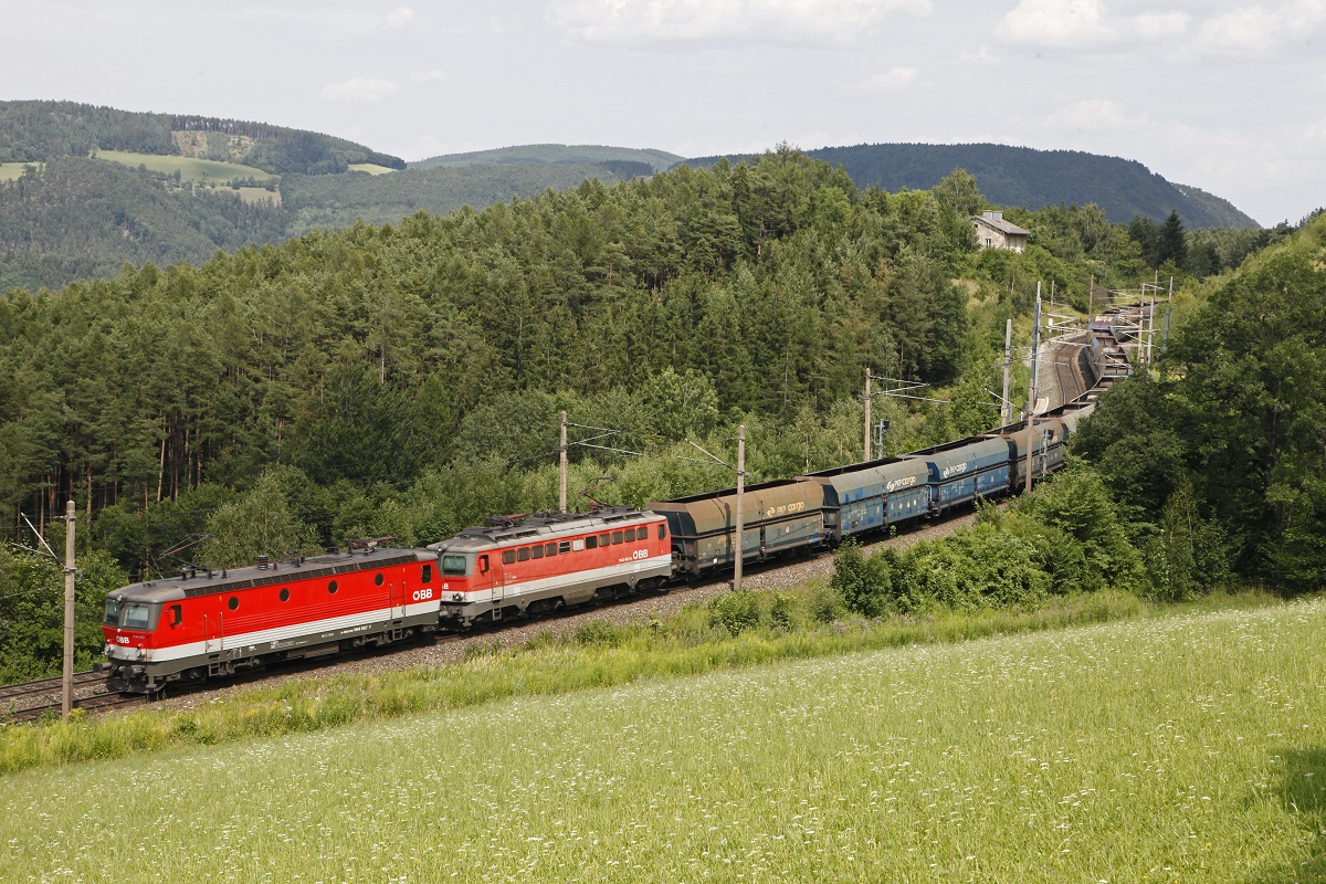 1144 057 + 1142 637 mit Güterzug nahe Eichberg am 12.07.2015.