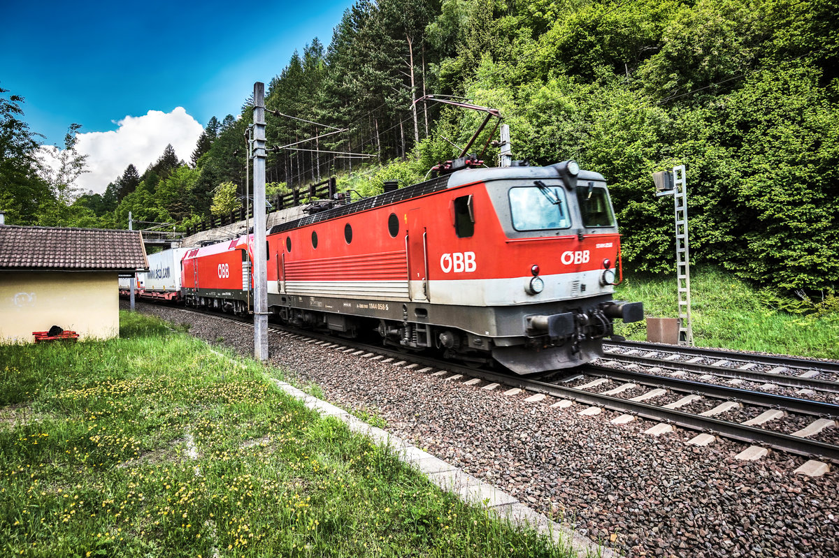 1144 058-5 und 1116 149-6 fahren mit einem EKOL, nahe der Haltestelle Oberfalkenstein vorüber.
Aufgenommen am 13.5.2018.