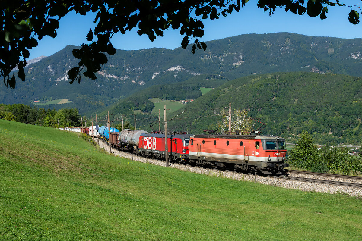 1144 067 an der Spitze dieses Güterzuges, konnte auf der Apfelwiese kurz vor Eichberg fotografisch festgehalten werden. Die Aufnahme entstand am 25.09.2021.