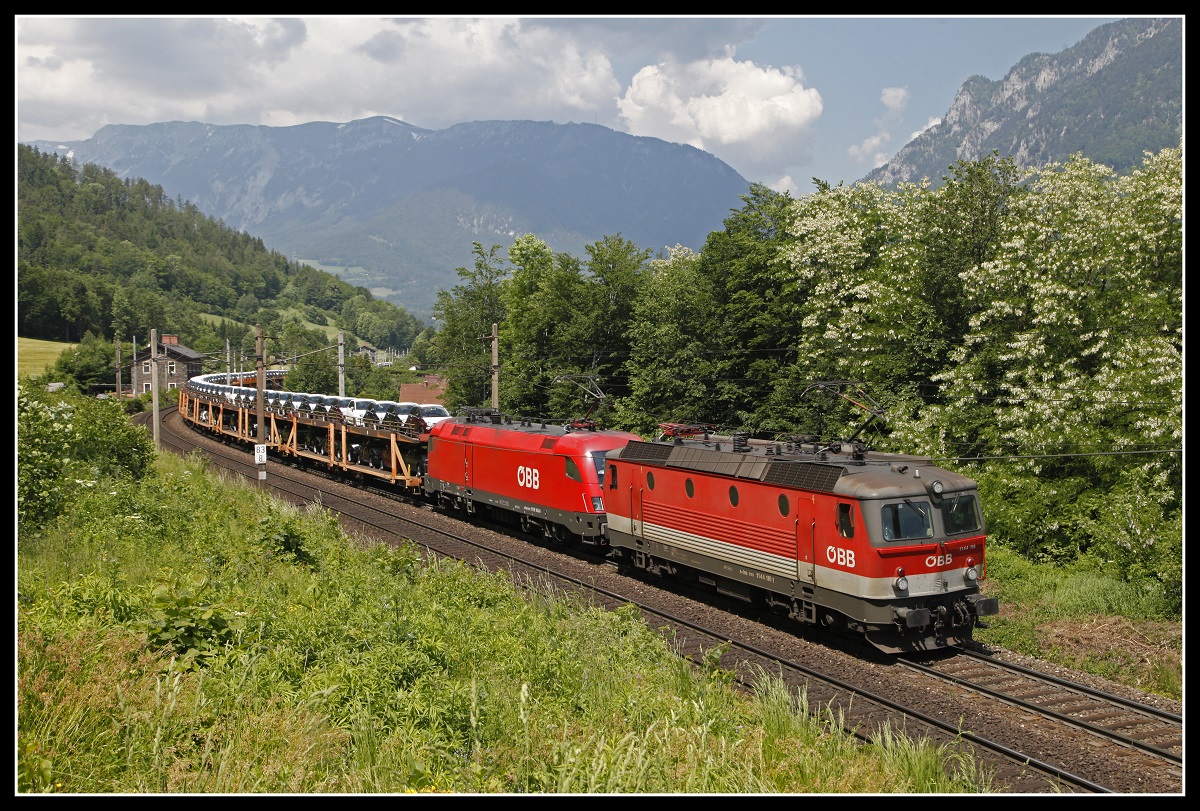 1144 116 + 1116 143 mit Güterzug bei Payerbach am 5.06.2019.