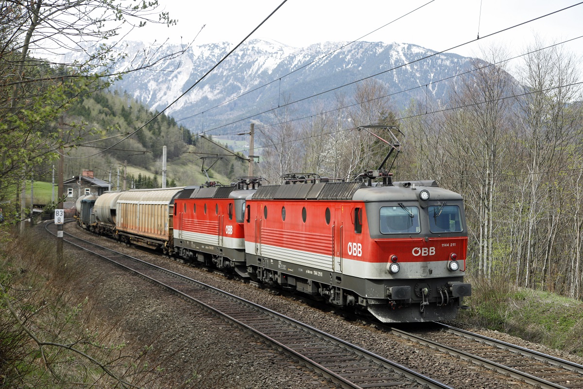 1144 211 + 1144 098 ziehen am 16.04.2015 einen Güterzug bei Payerbach auf den Semmering.