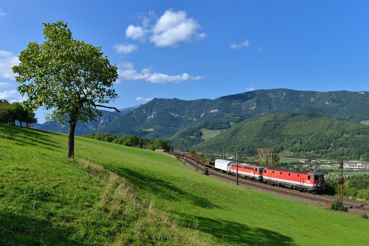 1144 214 + 1142 593 mit einem Güterzug am 08.09.2017 bei Eichberg.