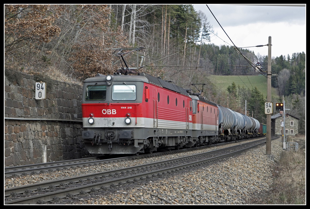 1144 218 + 1144 069 mit Güterzug bei Klamm - Schottwien am 4.03.2020.