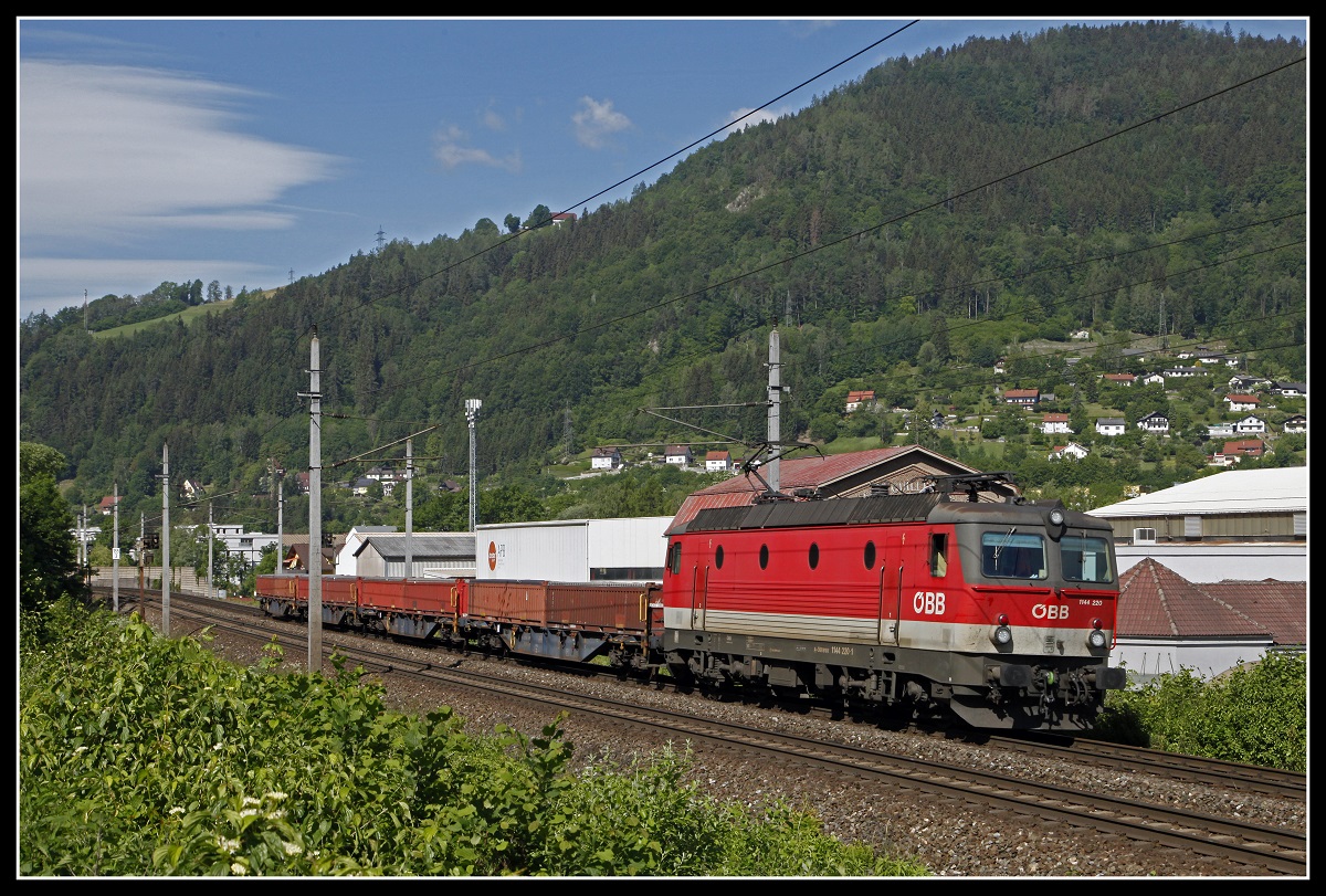 1144 220 mit Güterzug bei Kapfenberg am 3.06.2020.