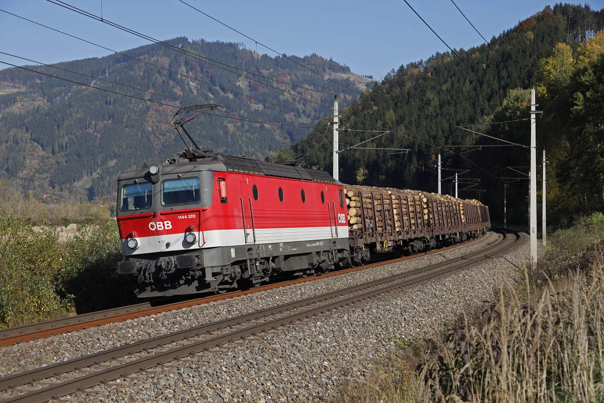 1144 222 mit Güterzug bei Niklasdorf am 19.10.2017.