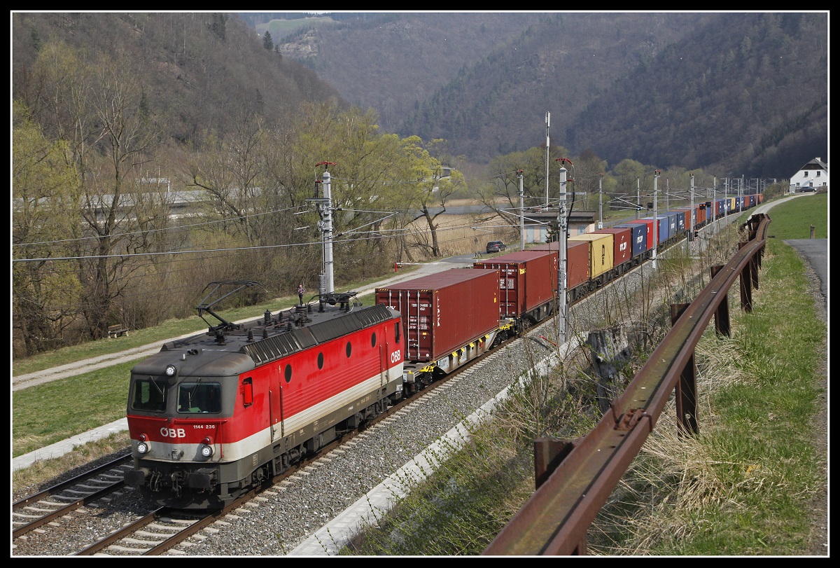 1144 236 mit Güterzug zwischen Bruck an der Mur und Pernegg am 3.04.2019.