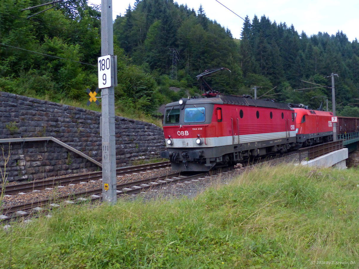 1144-239 leistet am Nachmittag des 26. Juli 2016 einem Taurus Vorspann vor einem Güterzug aus Richtung Kitzbühl in Richtung Wörgl.Die Aufnahme entstand auf der Giselabahn am Ortsende von Hopfgarten/Brixental.