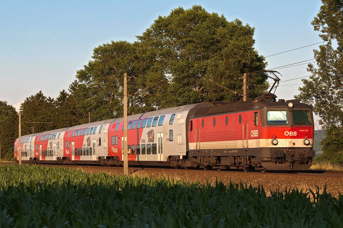 1144 271, unterwegs mit REX 7133 nach Wien FJB. Die Aufnahme entstand am 03.07.2014 bei Tulln.