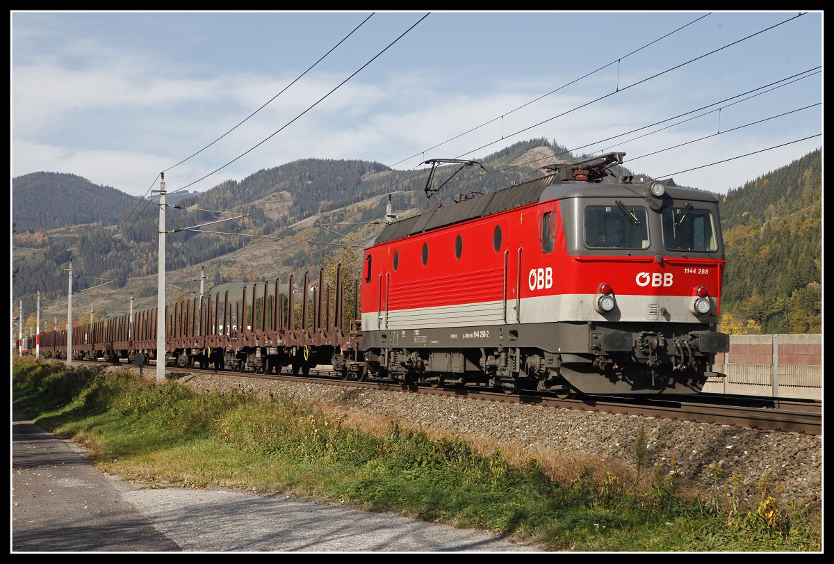 1144 286 mit Güterzug in Bruck an der Mur - Oberaich am 21.10.2019.