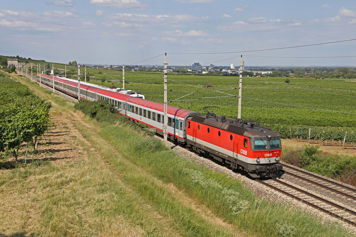 1144.116 fährt mit EC-159 durch die frisch grünen Weinberge rund um Pfaffstätten. 18.6.18