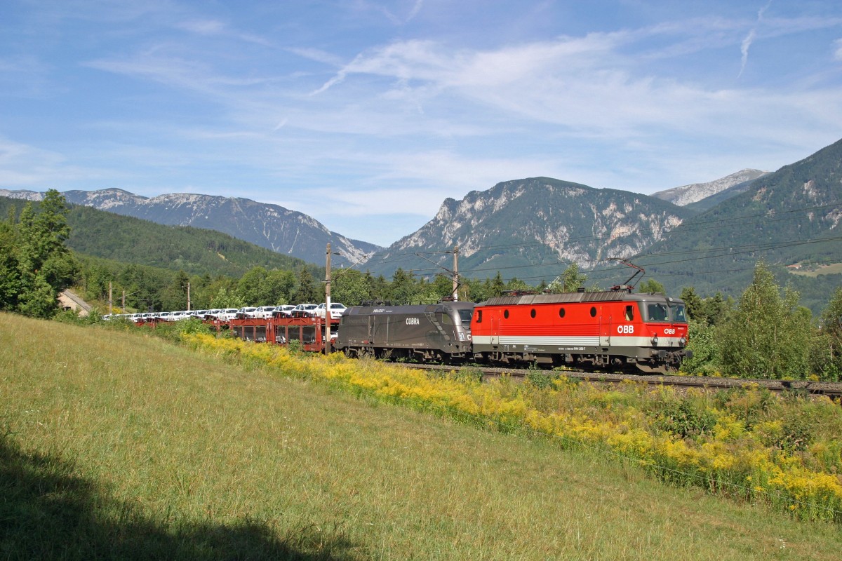 1144.203+1116.182  Cobra  fahren mit G-46735 bei der Steinbauerwiese mit Rax und Schneeberg im Hintergrund am Eichberg bergwärts. 27.8.15