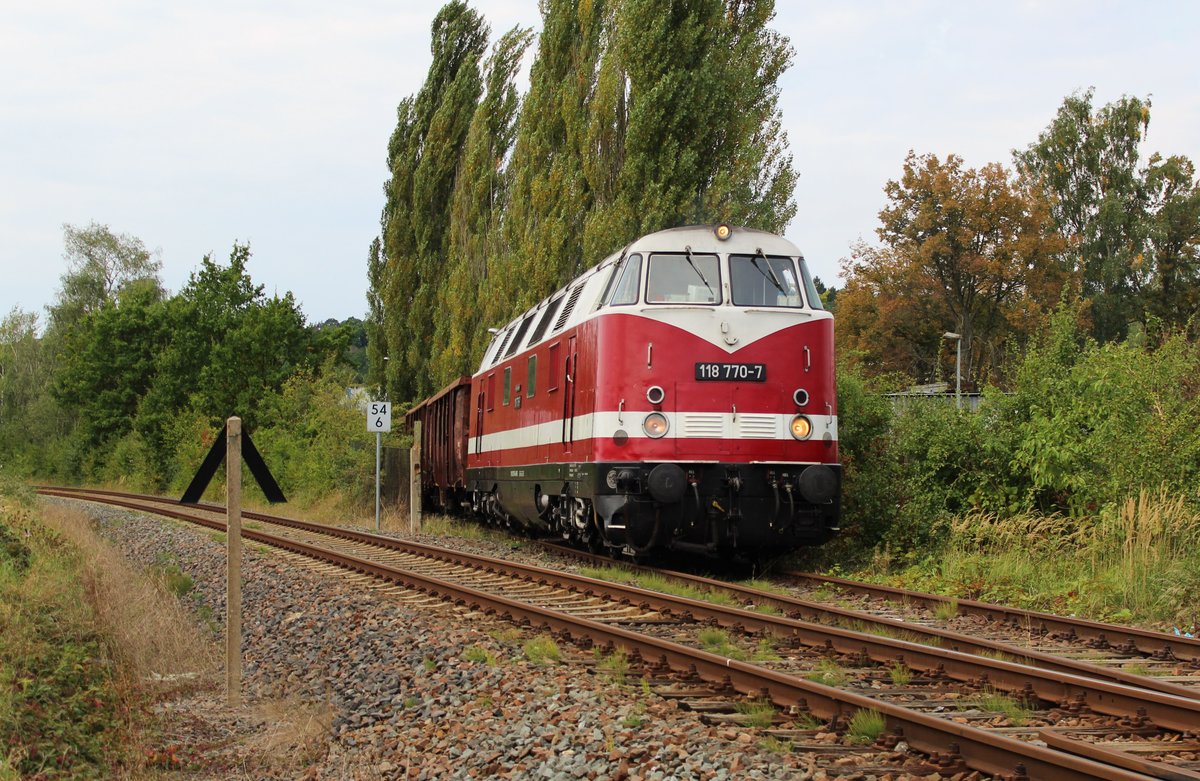 118 770-7 holte am 30.09.16 von einem Schrotthandel in Plauen/V. einen Zug. Hier der Zug im Anschluss ehem. Zellwolle Richtung Plauen unterer Bahnhof.