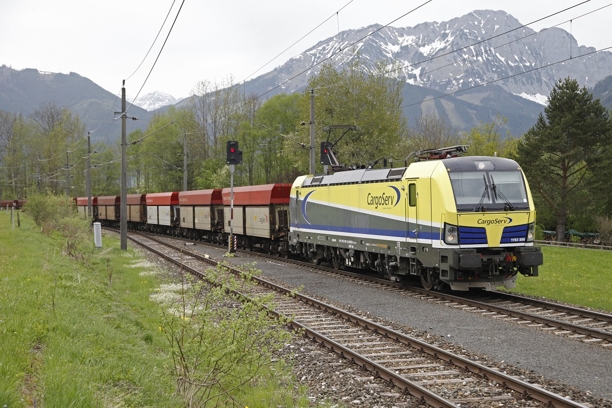 1193 980 mit Erzleerwagenzug fährt am 5.05.2015 in den Bahnhof Frauenberg ein.
