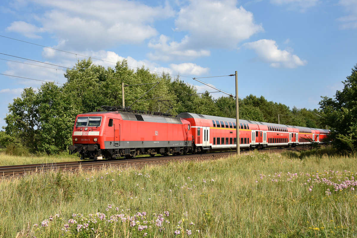 120 204-3 des Hanse-Express als RE1 aus Schwerin, unterwegs nach Büchen. 3km östlich von Büchen, 19.07.2018.