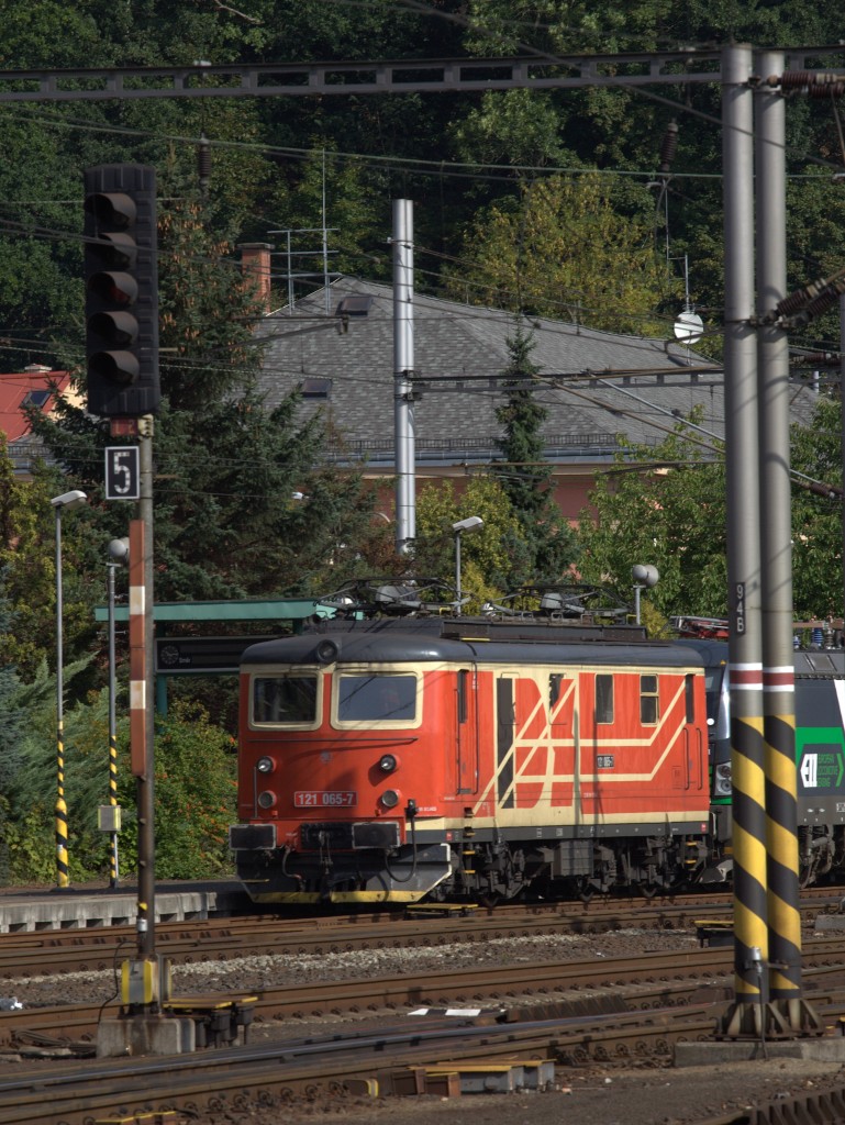 121 065-7 abgestellt in Decin. 29.08.2015  10:13 Uhr.Vom Bahnsteig aus mit dem Tele aufgenommen.