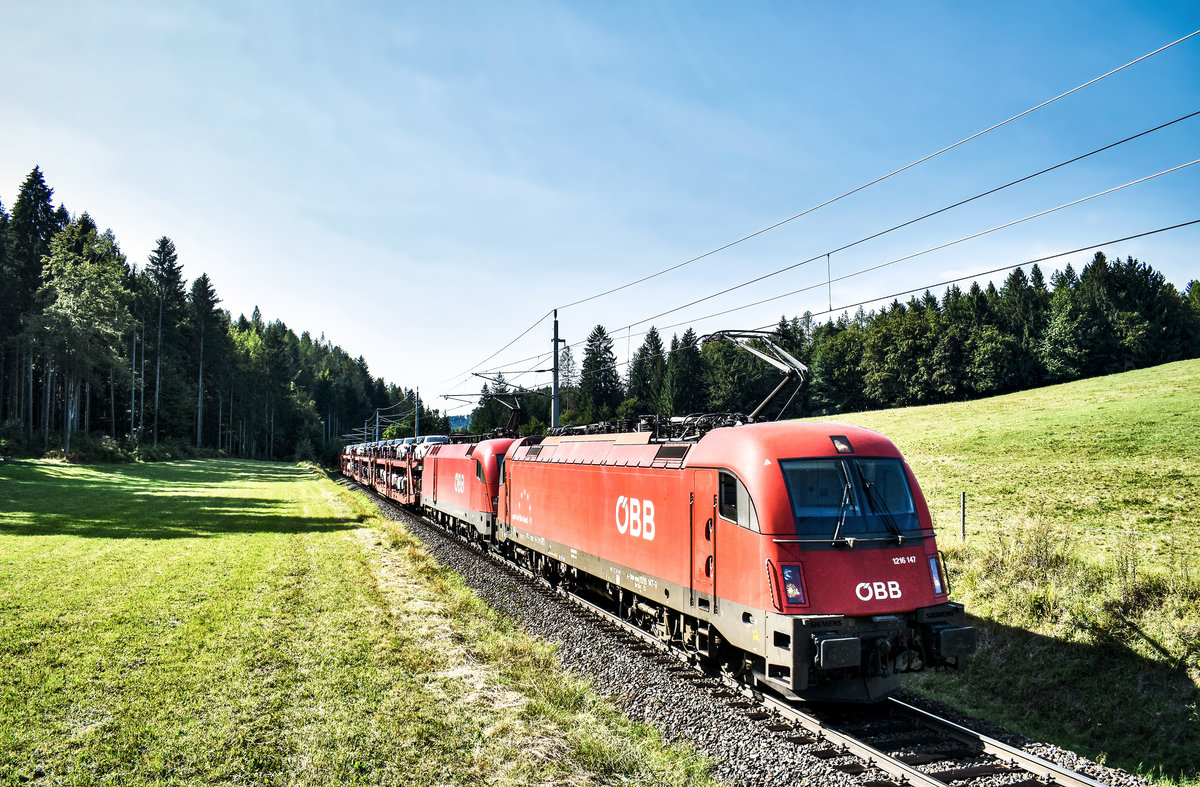 1216 147-9 und 1116 269-2, fahren mit einem Autozug in Richtung Jesenice, bei Schlatten, nahe Rosenbach vorüber.
Aufgenommen am 28.8.2018.