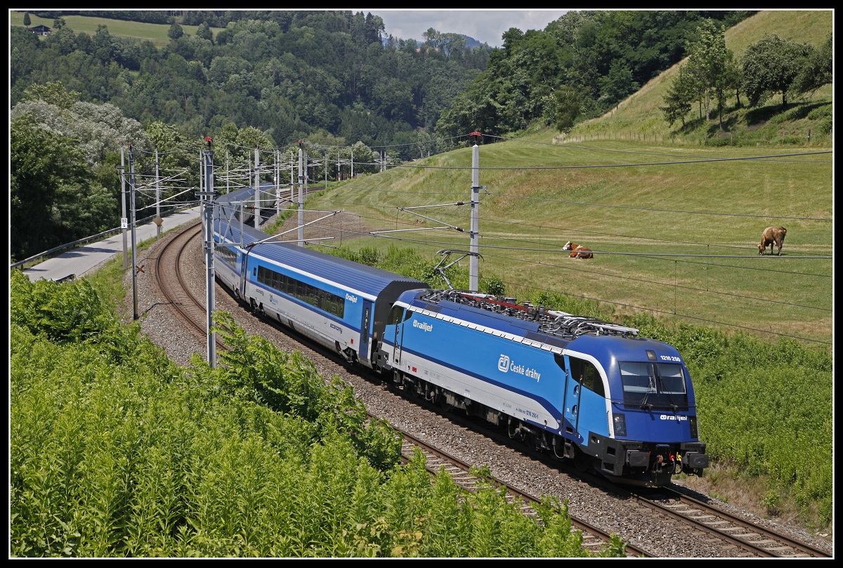 1216 250 mit Railjet bei Bruck an der Mur am 4.07.2019.