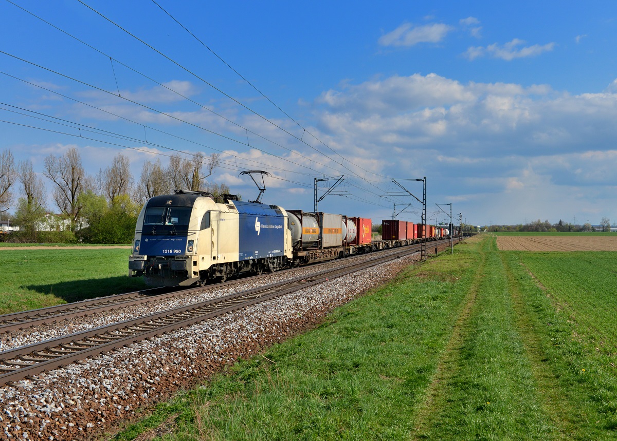 1216 950 mit einem Containerzug am 18.04.2015 bei Plattling. 