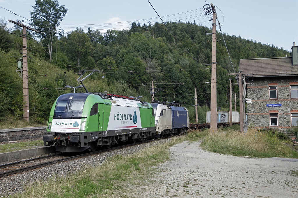 1216 954 + 182 560 mit Gterzug im Bahnhof Klamm-Schottwien am 21.08.2013.