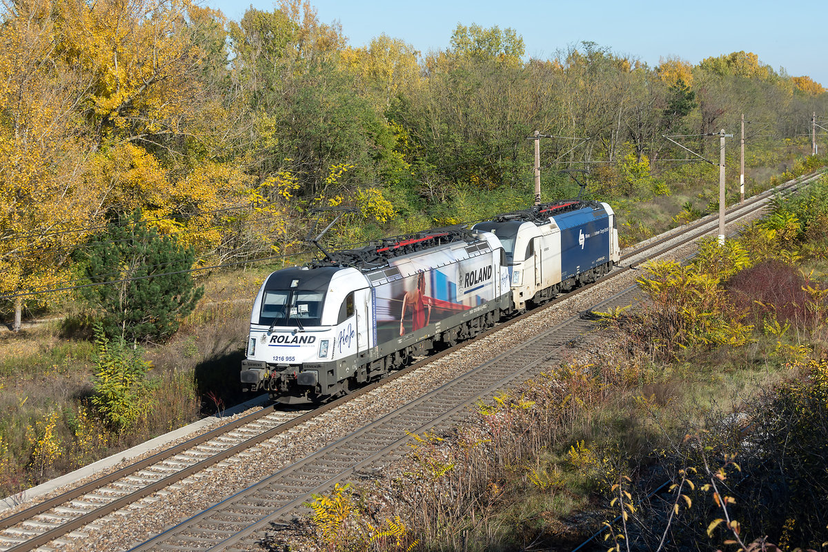 1216 955 und 1216 der Wiener Lokalbahnen Cargo GmbH, am 28.10.2020 kurz vor Strasshof an der Nordbahn.