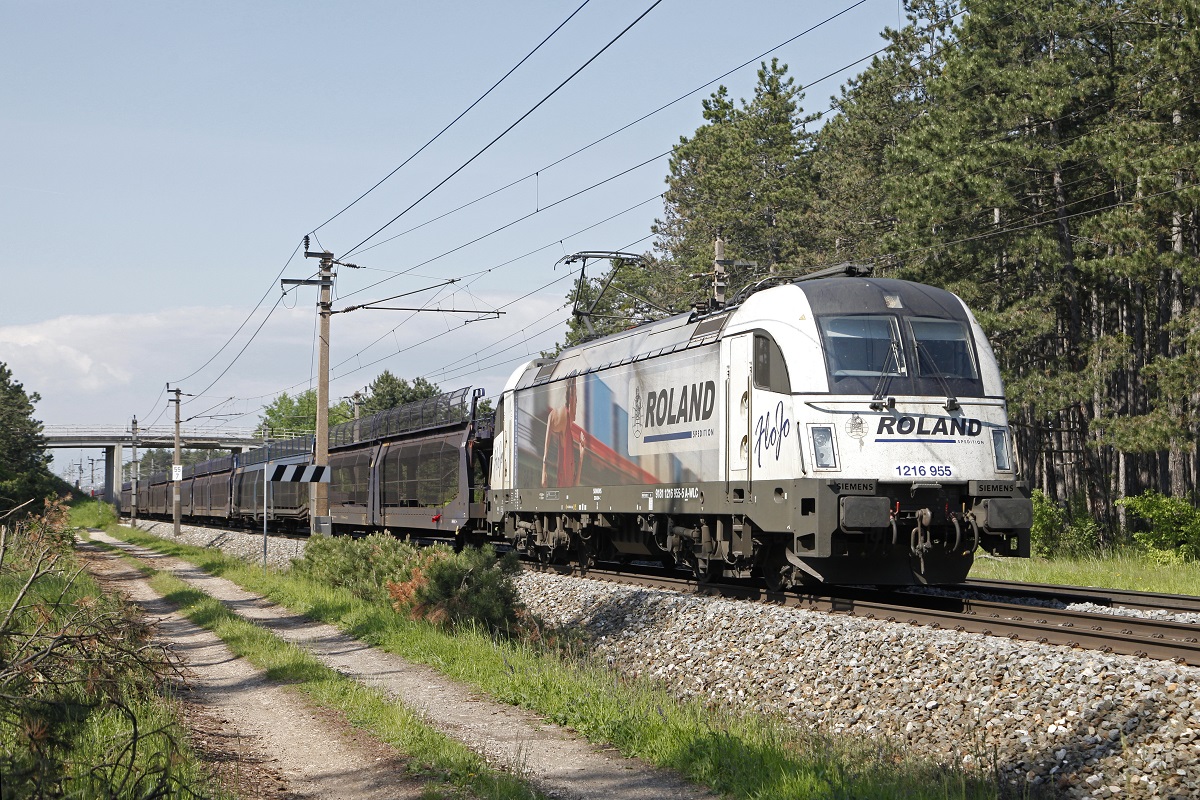 1216 955  Roland  zieht am 17.05.2017 einen Güterzug bei St.Egyden durch die Neukirchner Allee.