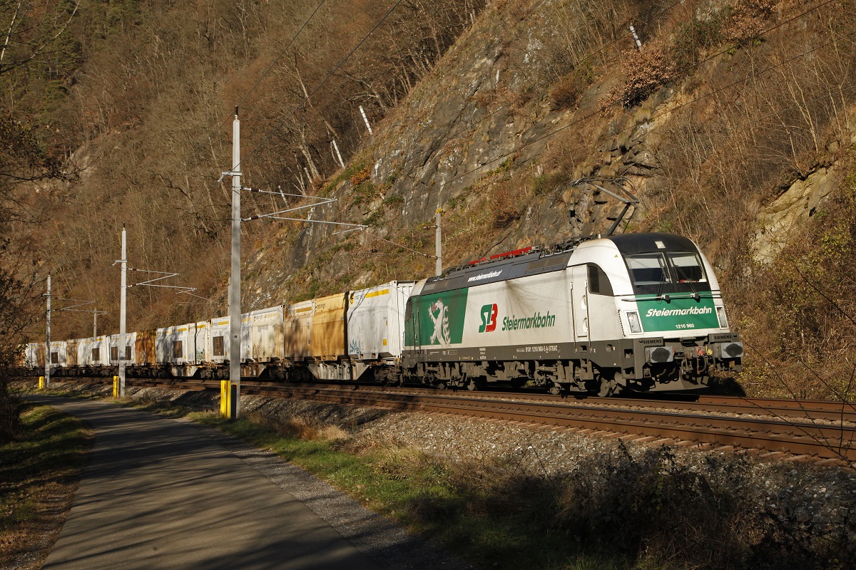 1216 960 mit Güterzug zwischen Bruck/Mur und Pernegg am 29.11.2016.