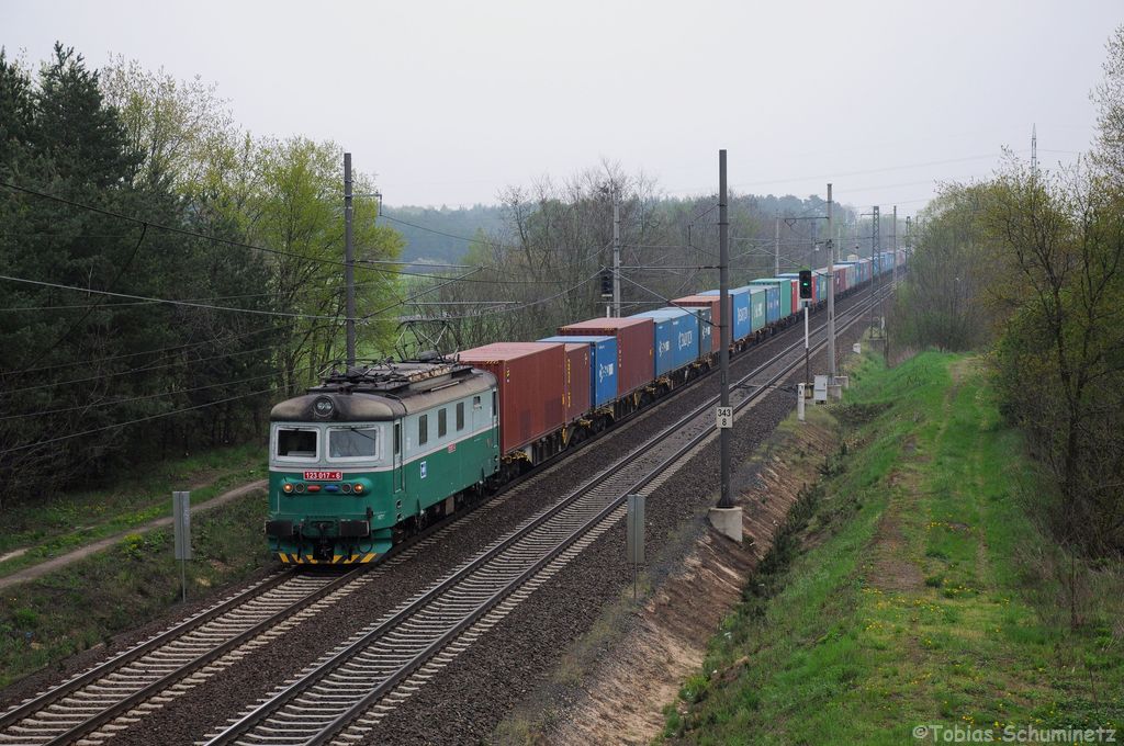 123 017 mit Containerzug am 29.04.2013 bei Kolín