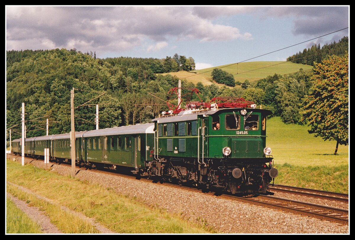 1245.05 fährt am 25.06.2000 mit einem Sonderzug bei Niklasdorf durchs Murtal.