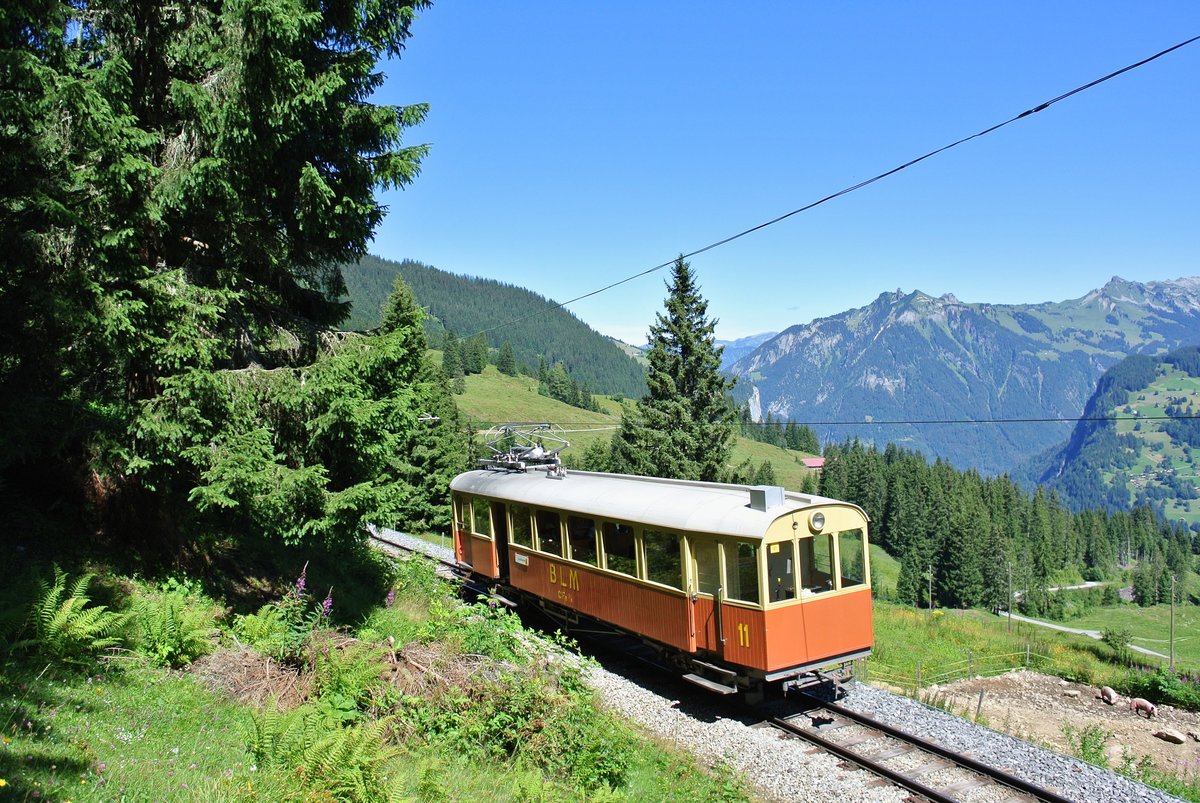 125 Jahre BLM - Bergbahn Lauterbrunnen-Mrren: Zur Feier verkehrte am Wochenende der nur noch sehr selten eingesetzte CFe 2/4 Nr. 11, hier zwischen Winteregg und Grtschalp, 13.08.2016.