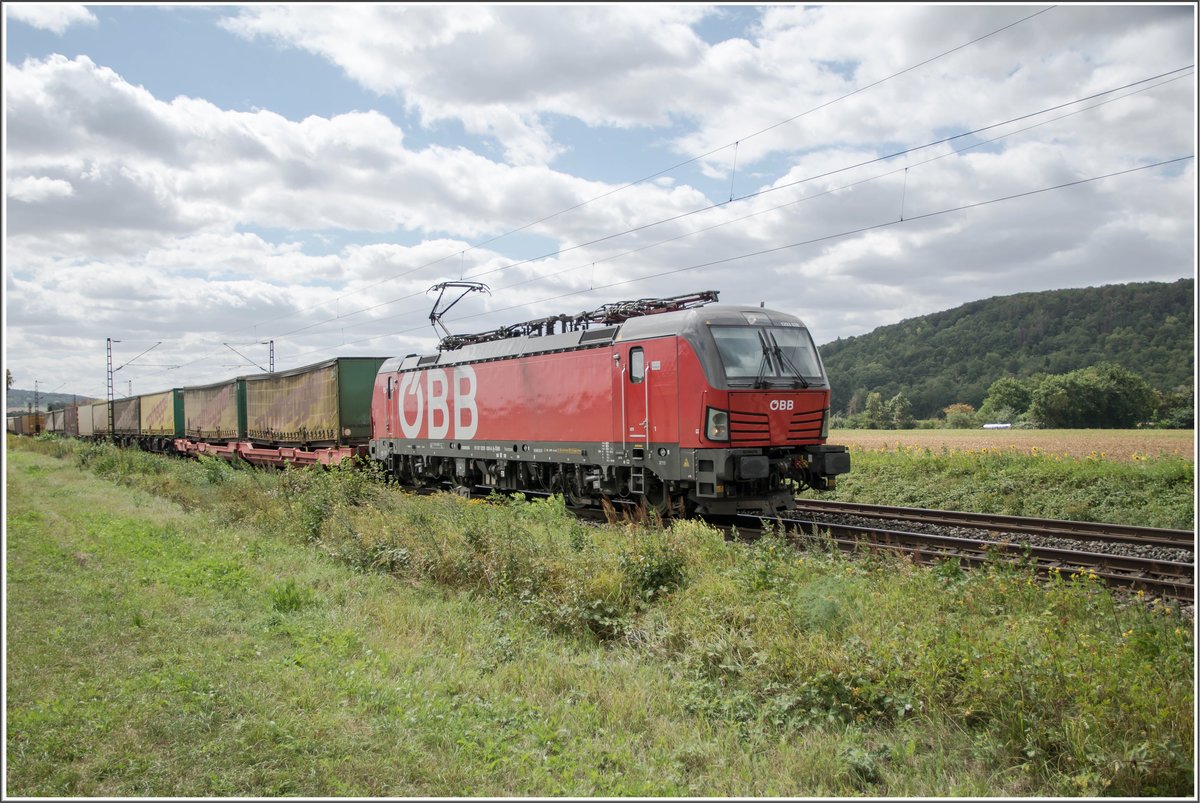 1293 038-6 ist mit einen Aufliegerzug bei Himmelstadt am 26.08.2020 unterwegs.