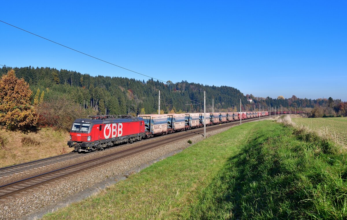 1293 050 mit einem leeren Erzzug am 29.10.2021 bei Pöndorf.