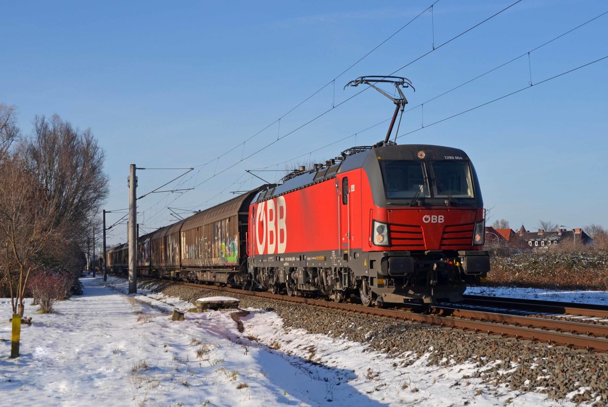 1293 054 führte am 31.01.21 ihren Güterzug von Rostock Seehafen nach Wien durch Greppin Richtung Bitterfeld.