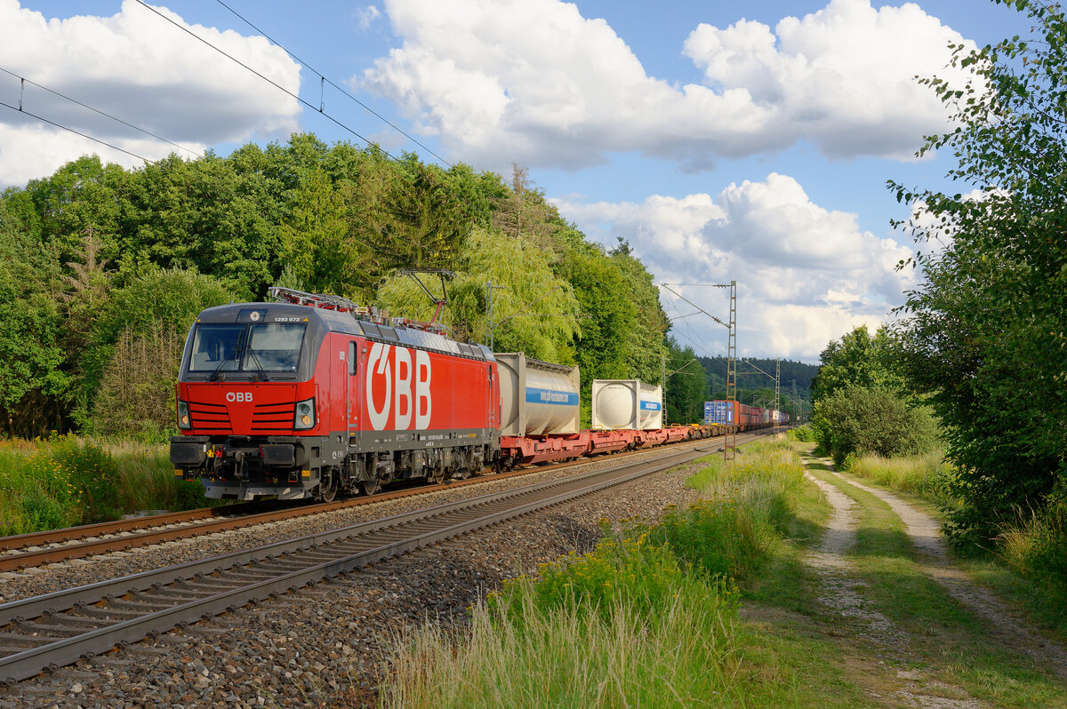 1293 073 ÖBB mit einem KLV-Zug bei Postbauer-Heng Richtung Nürnberg, 25.07.2020