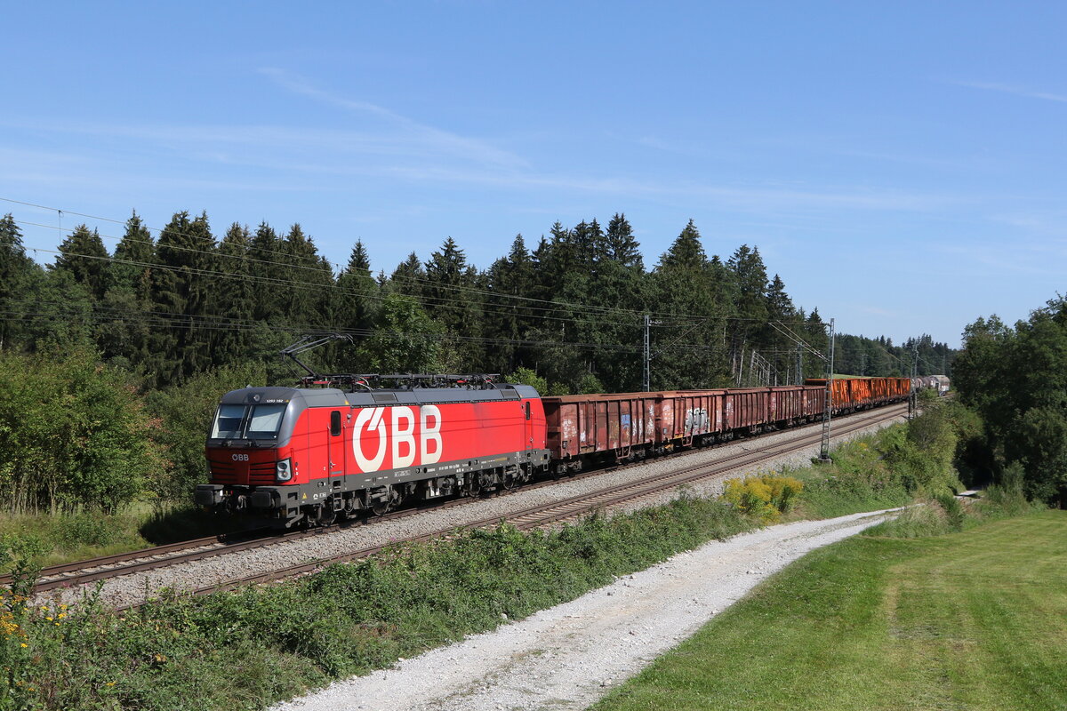 1293 192 mit einem gemischten Güterzug am 2. September 2022 bei Grabenstätt im Chiemgau.
