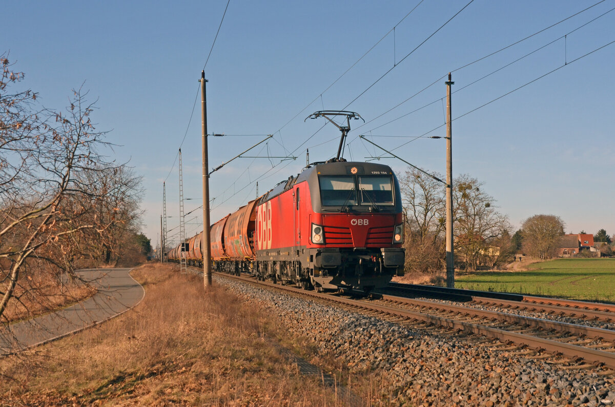 1293 194 der ÖBB führte am 28.01.24 einen Wascosa-Silozug durch Wittenberg-Labetz Richtung Falkenberg(E).