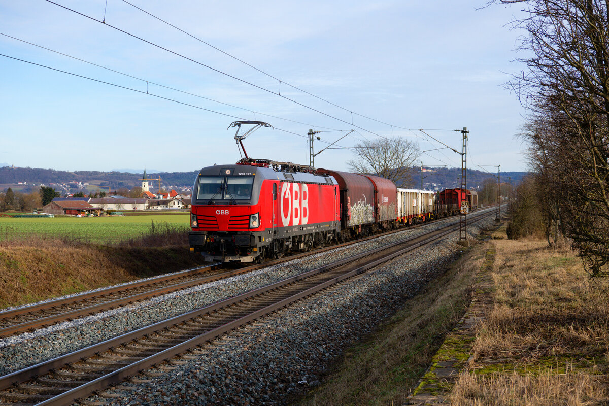 1293 197 ÖBB mit einem gemischten Güterzug bei Pölling Richtung Nürnberg Rbf, 04.02.2021