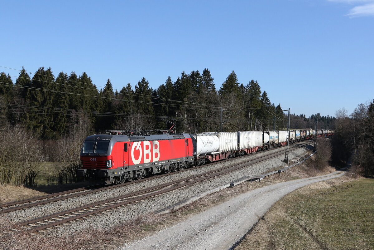 1293 199 mit einem Containerzug aus Salzburg kommend am 3. März 2022 bei Grabenstätt im Chiemgau.