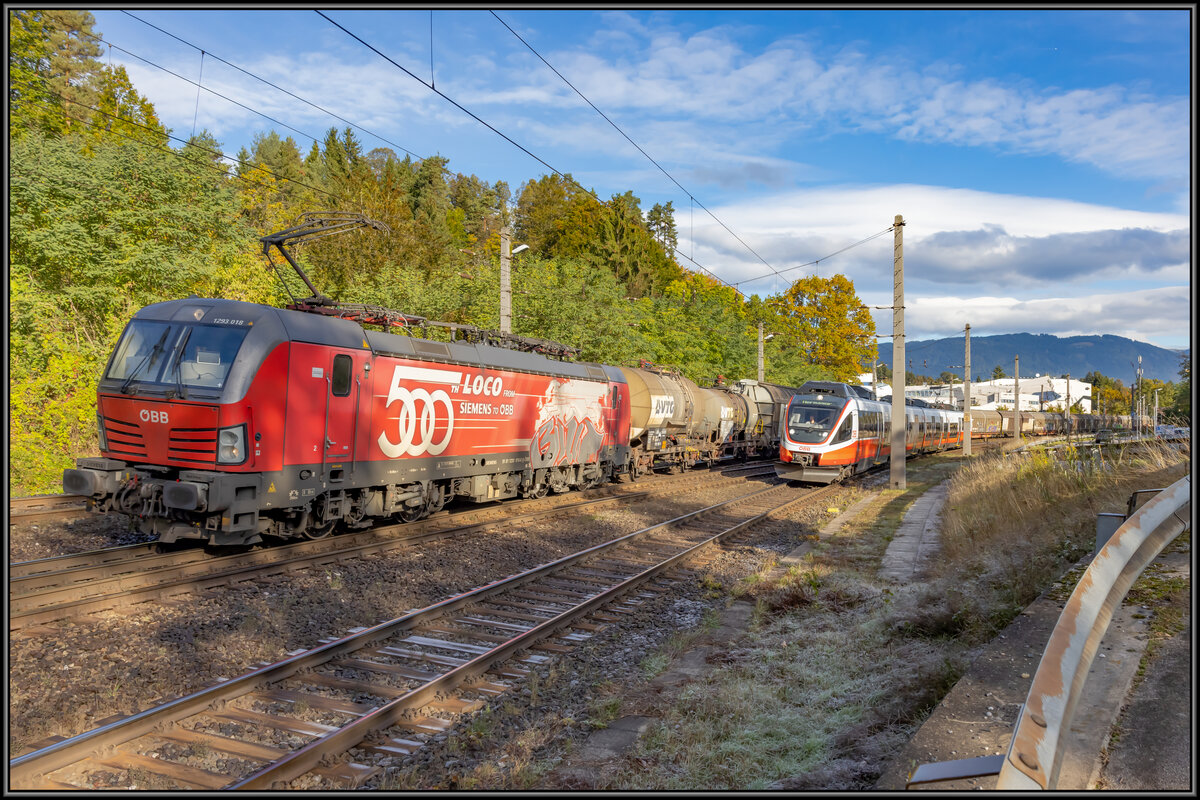 1293.018 und einen Ente liefern sich ein Rennen im Bahnhof Villach ZVB der bereits in der Haltestelle Warmbad mit den Einfahrsignalen beginnt. 14.10.2021
