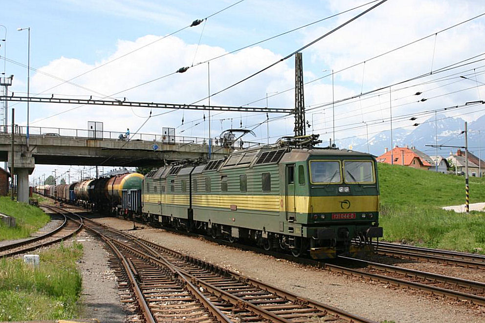 131044 fhrt mit ihrer Doppellok und einem langen Gterzug am 2.6.2005 bergab
an der Hohen Tatra entlang und erreicht hier gerade die Bahnhof Einfahrt von
Poprad Tatry.
