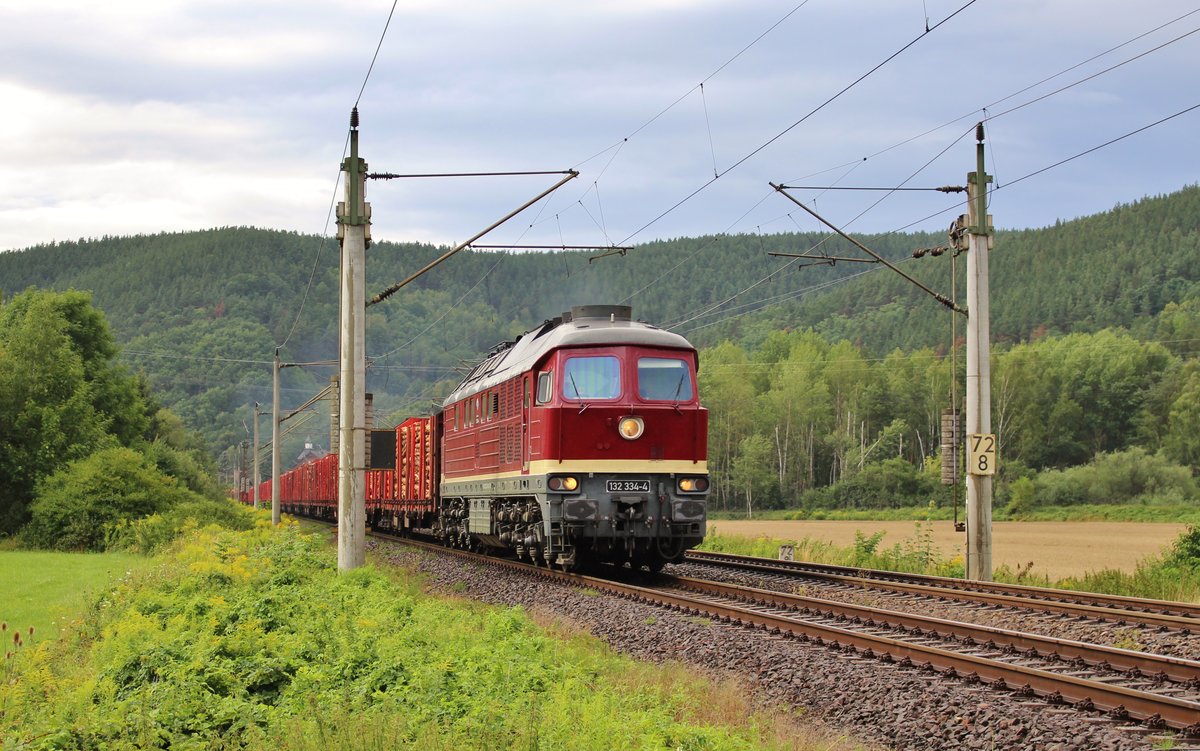 132 334-4 (EBS) fuhr am 05.08.17 einen Holzzug durch Remschütz nach Saalfeld/Saale.