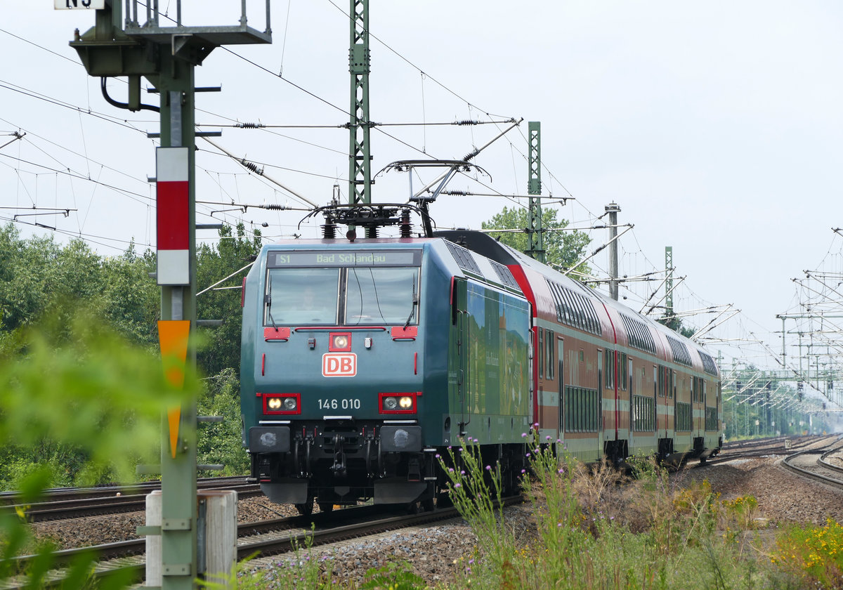 14. Juli 2019, Bahnhof Dresden-Reick, auch vom Bahnsteig hat man hier gute Sicht auf den Betrieb der Strecke und in der IC-Abstellanlage. Soeben fährt Lok 146 010 mit einem Zug der VVO-Linie S1 nach Bad Schandau ein. Die Lok wirbt für die Produkte der sächsischen Weinregion Lößnitz. 