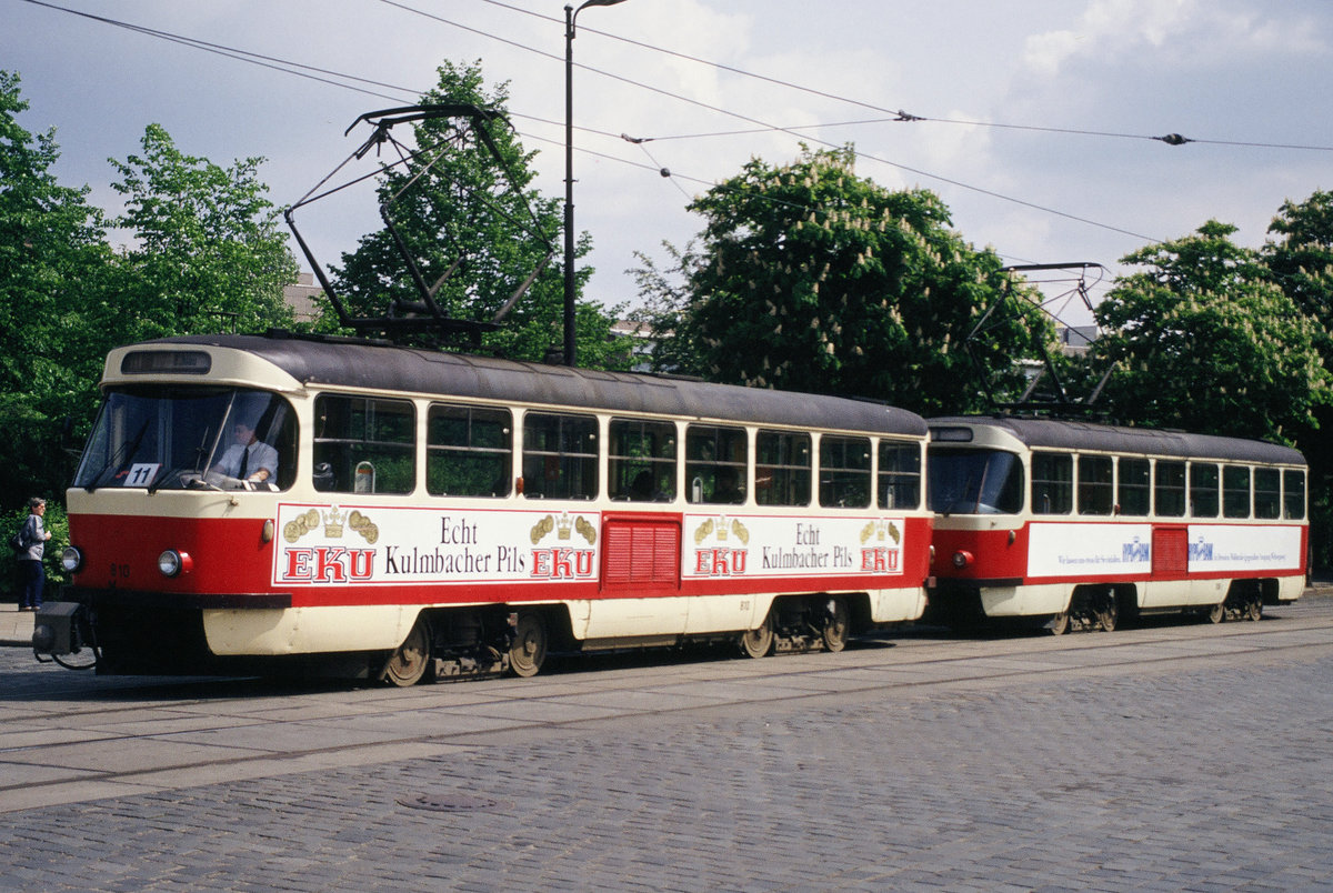 14. Mai 1992. Dresden, ein Tatra-Zug der Linie 11 an der Haltestelle Wintergartenstraße am Krankenhaus St.Joseph-Stift. Der führende Tw 222 810  verdient sich in seinen letzten Tagen mit Werbung für das Konkurrenzunternehmen zu  Waldschlösschen ,  Felsenkeller  und  Feldschlösschen  ein kleines Zubrot. 