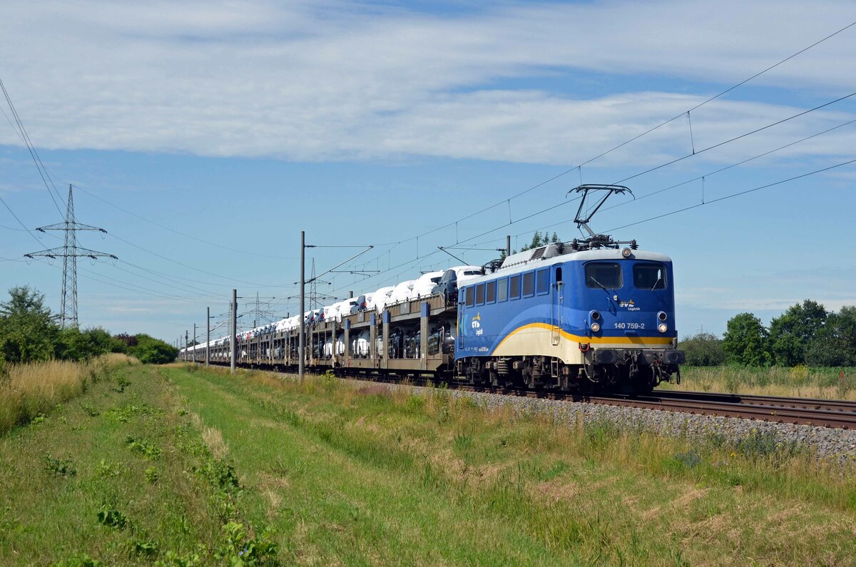 140 759 der evb führte am 06.07.21 einen BLG-Autozug durch Braschwitz Richtung Magdeburg.