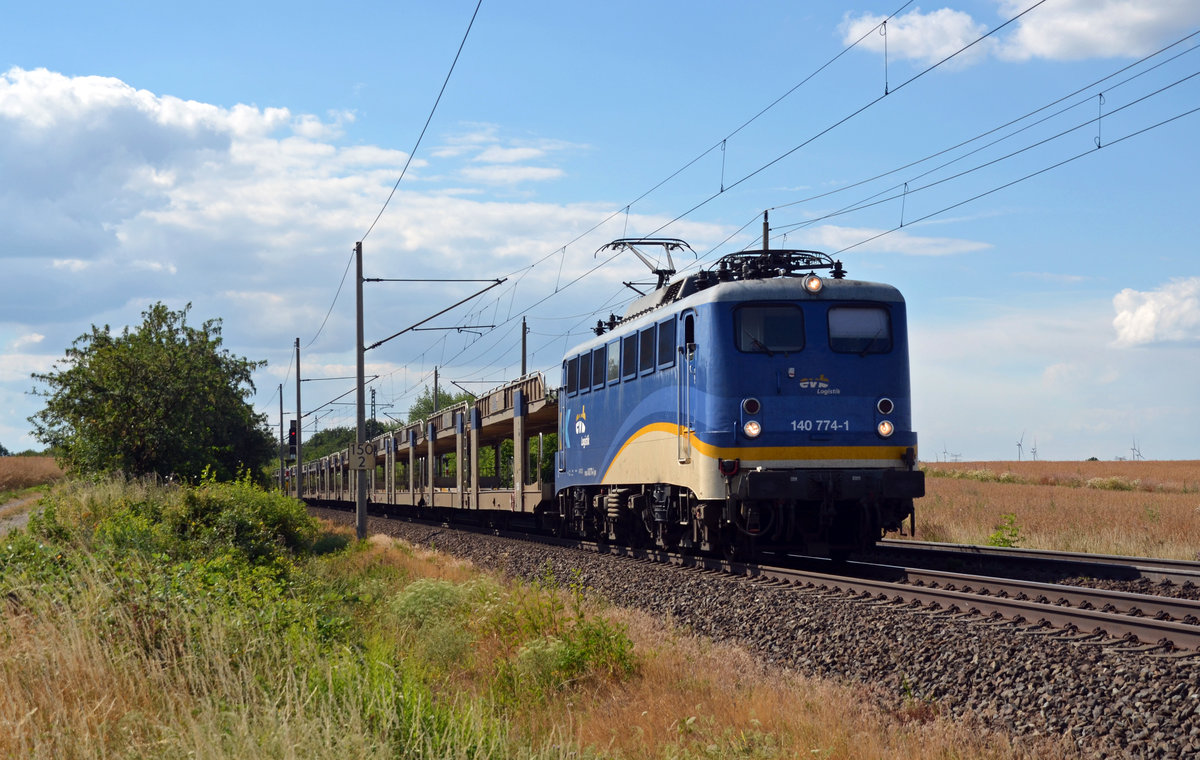 140 774 führte am 27.06.18 einen leeren BLG-Autozug durch Niederndodeleben Richtung Magdeburg. Ziel des Zuges ist der BLG-Standort Falkenberg(E).
