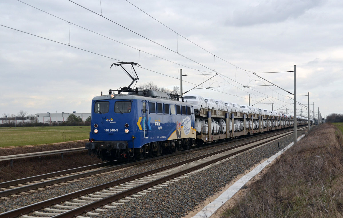 140 848 der EVB führte am 20.02.19 einen BLG-Autozug durch Rodleben Richtung Magdeburg.