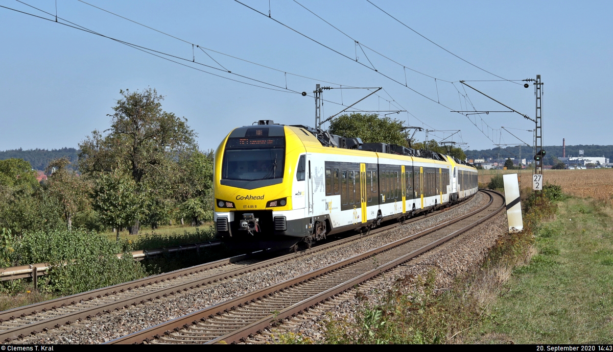 1428 519-1 (ET 4.05) und 1430 555-1 (ET 6.12 | Stadler FLIRT 160) unterwegs bei Metterzimmern (Bietigheim-Bissingen).

🧰 Go-Ahead Baden-Württemberg GmbH (GABW)
🚝 RE 19018 (RE1) Stuttgart Hbf–Karlsruhe Hbf [Umleiter]
🚩 Bahnstrecke Bietigheim-Bissingen–Bruchsal (Westbahn (Württemberg) | KBS 770)
🕓 20.9.2020 | 14:43 Uhr