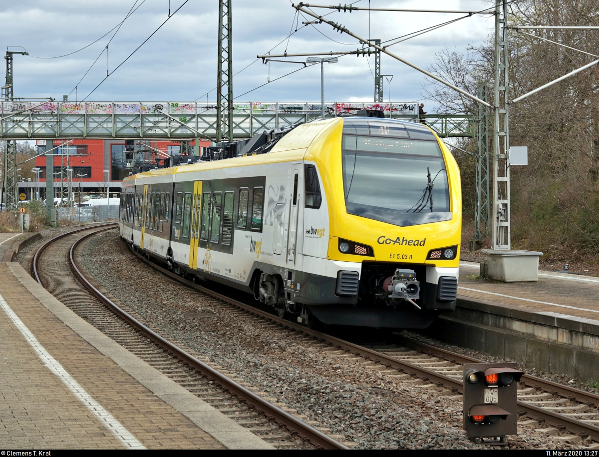 1429 538-0 (ET 5.03 | Stadler FLIRT 160) der Go-Ahead Baden-Württemberg GmbH (GABW) als RB 19470 (RB13) von Crailsheim nach Stuttgart Hbf erreicht den Bahnhof Waiblingen auf Gleis 6.
[11.3.2020 | 13:27 Uhr]