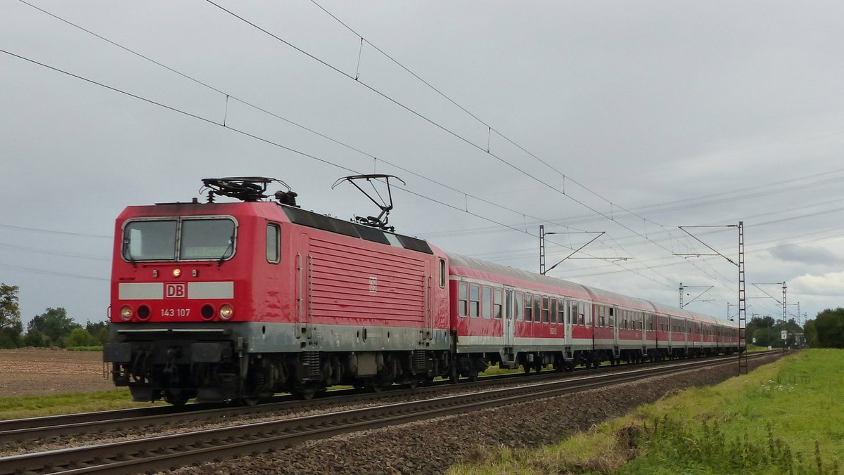 143 107 zieht einen RE70 nach Frankfurt zwischen Riedstadt-Wolfskehlen und Groß-Gerau Dornheim über die Riedbahn. Aufgenommen am 9.9.2017 17:22