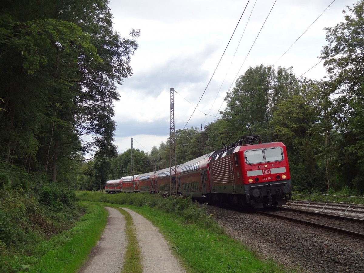 143 109 konnte am 20.08.14 mit ihrem Regionalzug in Kirchentellinsfurt aufgenommen werden. 